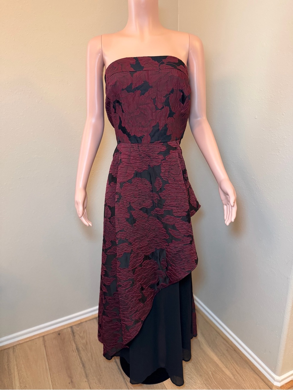 Strapless Burgundy and Black Floral Overlay Evening Gown